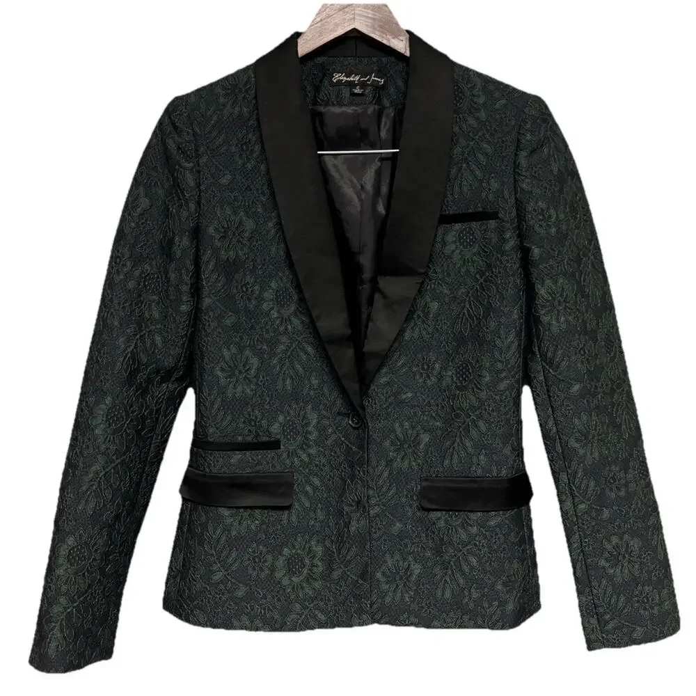 Elizabeth and James‎ Blazer Sz 0 Small Jacket Emerald Green Jacquard Glam Luxury